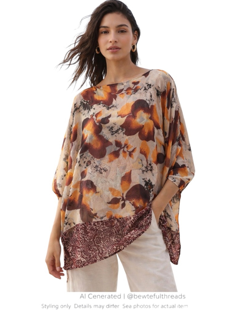 Silk Sheer Tunic Blouse Batwing Boho Abstract Print Longline S/M
